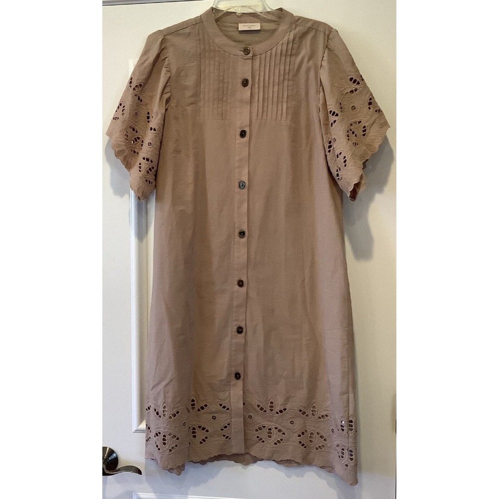 Free/Quent Dress Size Large Silver Mink Tan Brown 100% Cotton Eyelet Sleeves